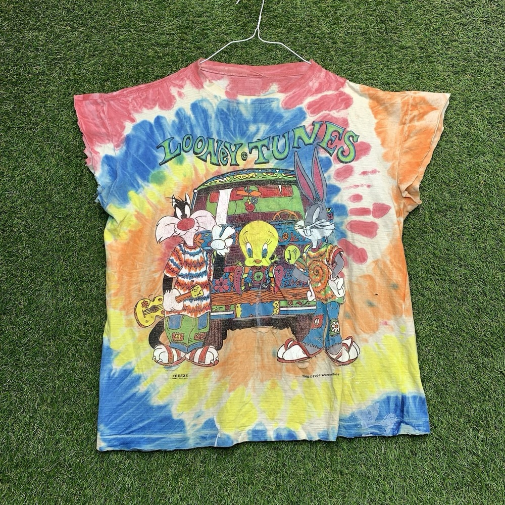 Vintage Looney Tunes Shirt Mens Large L Tie Dye AOP Hippie Peace